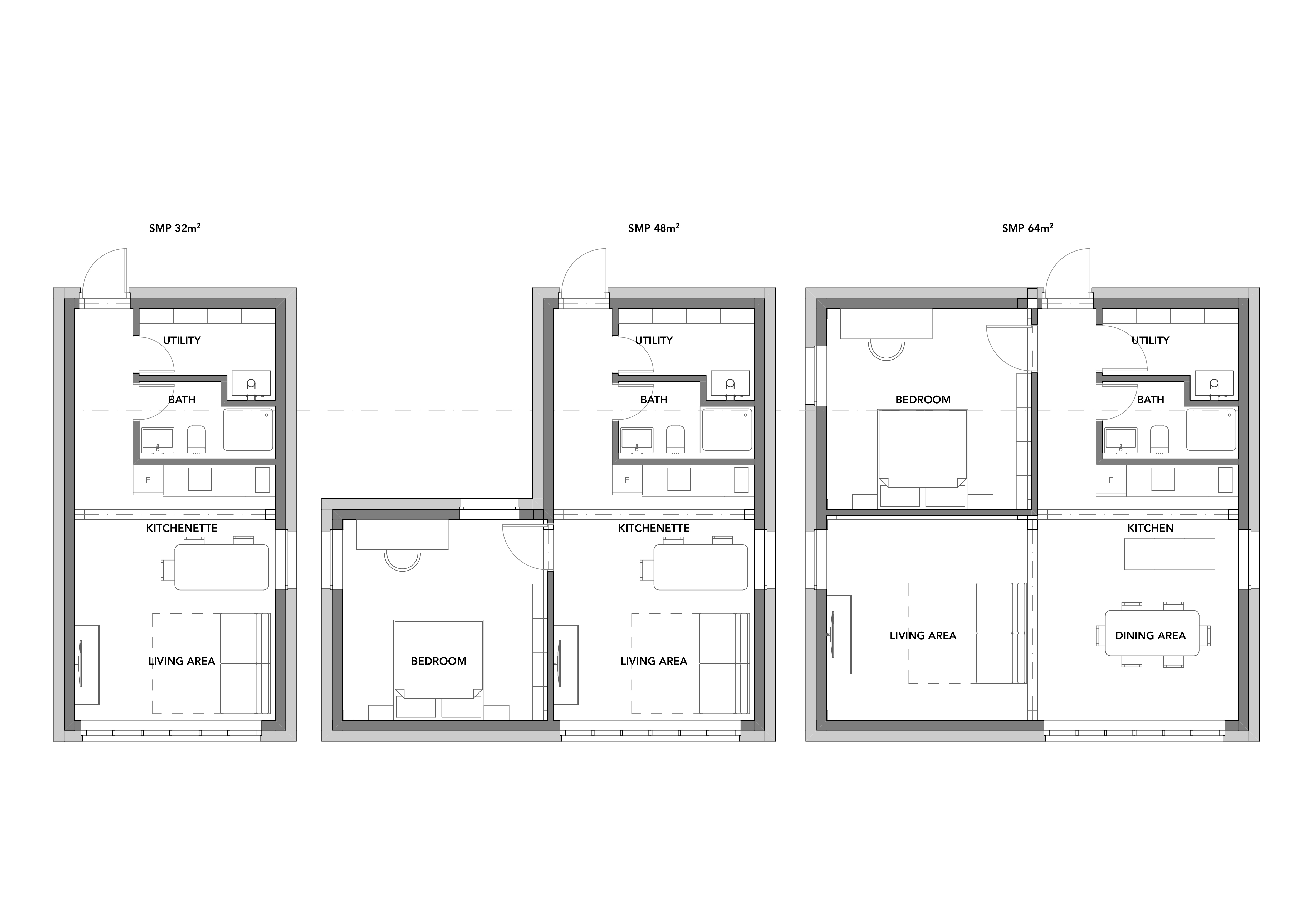 SMP Floor Plans — 32, 48 and 64 m² variants